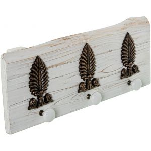 Porte-manteau mural en bois avec 3 crochets en c&eacute;ramique et ornements en m&eacute;tal blanc et dor&eacute; 48 x 7 x 18 cm - Neuf