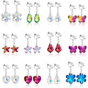 Kal-12 Paires Clip Boucles D'oreilles Femmes, Boucles D'oreilles Pendantes Longues Boucle D'oreille Clip Sans Trou Cristal Argent Boucles D'oreilles Ensembles - Neuf