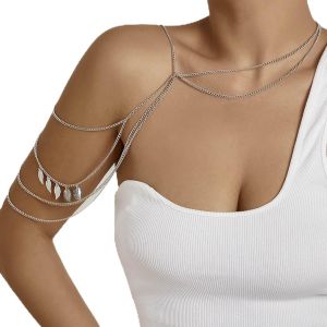 Kal-Punk Layered Shoulder Chain Collier Argent Tassel Épaule Chaîne Multicouche Feuille Gland Épaule Corps Chaîne Été Bikini Épaule Chaîne Plage Lien Harnais Corps Chaîne Bijoux Pour Femme Fille - Neuf