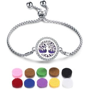 Bracelets Pour Femmes, Réglable Bracelet Diffuseur D'huiles Essentielles Arbre De Vie En Acier Inoxydable, Aromathérapie Bijoux En Cadeaux De Précieuses (Arbre De Vie A) - Neuf