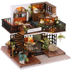 Maison de poupée en bois à monter soi-même, style « Jungle Coffee Garden », avec meubles, pièce créative à l'échelle 1:24, cadeau de Saint-Valentin. Décoration de bureau. - Neuf
