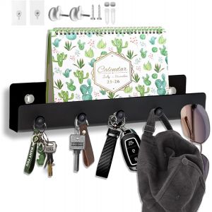 CAUC-Porte Clef Mural en M&eacute;talavec 5 Crochets et Etag&egrave;re, Trois M&eacute;thodes de Montage, pour Accrocher des Cl&eacute;s, des Manteaux, Parapluies, Lunettes de Soleil, Cha&icirc;nes de Bijoux. Noir - Neuf