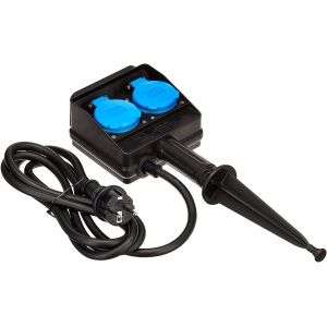 60680 Prise de distribution &agrave; 2 prises avec contact de protection 230 V/16 A pour prise de terre avec c&acirc;ble en caoutchouc de 2 m et couvercle rabattable IP44 Noir I 60680 - Neuf