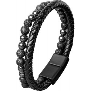 Eryi-Bracelet Cuir Homme, Bracelet Cuir Perles, Bracelet Triple En Cuir Avec Des Perles En Pierre Naturelle, Bracelet En Cuir Noir Marron Cuir Pour Homme, Bracelets Cadeau Homme - Neuf