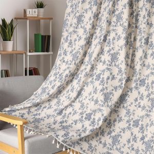 TIANYI-1 paire de rideaux de fenêtre en lin à motif floral bleu de style campagnard rustique filtrant la lumière avec passe-tringle, pompons beiges, 132,1 cm de large x 182,9 cm de long - Neuf
