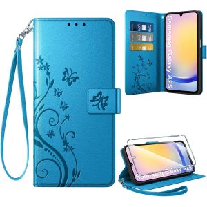 CAUC-Coque pour Samsung Galaxy A25 5G + 1 Verre Tremp&eacute;, Retro Design Housse Premium en Cuir PU Pochette de Portefeuille pour Porte Cartes Fonction Stand Flip Etui pour Samsung A25, Bleu - Neuf