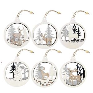 En bois d'Arbre de No&euml;l Cintre (6 Pcs) - Coup&eacute; au Laser D&eacute;coration d'Arbre de No&euml;l Boule de No&euml;l avec de la Sculpture sur Bois et de Cordes de Bois Ornement Pendentif de D&eacute;coration de No&euml;l - Neuf
