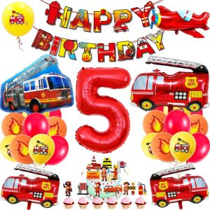 ERYI-Décoration Anniversaire Pompier 5,Ballons Camion De Pompier,Décoration Camion De Pompier Garçon 5, Ballon Numéro 5,Convient Anniversaire Fête École - Neuf