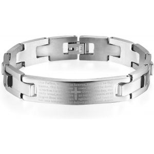 Kal-Bracelet Acier Inox Gravé Bible Englais Croix Jésus Christ Couleur Noir/Argent Bracelet Manchette Religieux À La Mode Pour Homme Motard Fantasie Cadeaux Anniversaire - Neuf