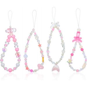 KALANKA-Iewelry Lot de 4 breloques de t&eacute;l&eacute;phone Kawaii 4 styles de sangle de perles esth&eacute;tiques Y2K porte-cl&eacute;s avec cellule rose coeur, nuage, papillon, &eacute;toile, queue de sir&egrave;ne, breloques cool pour br - Neuf