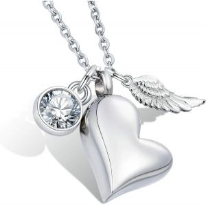Trahoo-Collier Avec Pendentif Urne En Acier Inoxydable Avec Pierre De Naissance En Cristal - Ailes D'ange - Cendres - Pendentif C?ur - Argent - Neuf