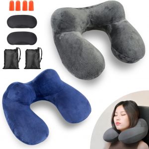 nzqaf-Lot de 2 coussins de nuque gonflables : coussin de nuque gonflable avec bandeau pour les yeux et sac de voyage pour camping, avion, voyage, train, voiture, bureau - Neuf
