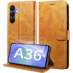 Kal-Coque Pour Samsung Galaxy A36 5g Etui Coque Avec 2 Verre Trempé Porte Carte Clapet À Rabat Portefeuille Cuir Case Housse Protection Flip Cover Étui Coque Pour Samsung Galaxy A36 5g,Jaune - Neuf