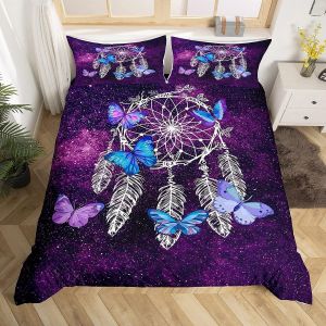 Parure De Lit Double Tbrand Dreamcatcher, Housse De Couette Bohème, Plumes, Mandala, Papillon Bleu, Thème Galaxie, Housse De Couette De Luxe En Microfib - Neuf