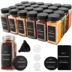 Tianyi-Bocaux À Épices Carrés Set De 24 - Bocaux À Épices En Verre De 120ml Avec Étiquettes & Saupoudroirs - Récipients À Épices Pour La Cuisine Spice Jars Organisateur À Épices Avec Couvercle - Neuf