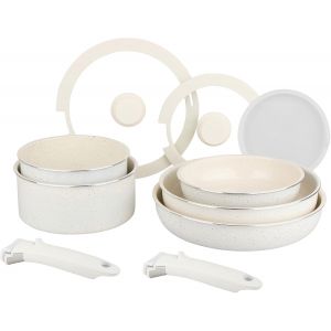 Subzonal-716977 Batterie De Cuisine 10 Pcs En Aluminium Blanc &iquest; Rev&ecirc;tement C&eacute;ramique Sain Sans Pfas &iquest; 2 Po&ecirc;les &Oslash;20/28, 2 Casseroles &Oslash;18/20, 1 Sauteuse &Oslash;26 + 3 Couvercles &iquest; Tous Feux Dont Induction - Neuf