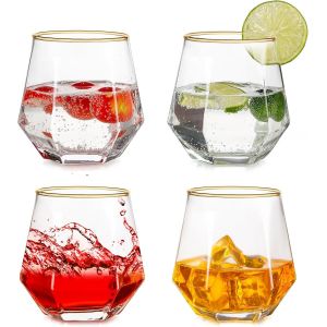 Verres À Whisky Lot De 4 Verres À Vin Sans Pied-Verres À Vodka-Bords Dorés-Verre À Whisky-Verre À Rhum Géométrique-Cadeau Pour Homme-Anniversaire-Fête Des Pères - Neuf