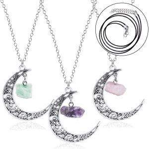 Kal-3pcs Collier Pendentif En Cristal De Lune Pour Femmes Filles, Collier Pendentif En Quartz Naturel Avec 2 Cordes De Cire Suppl&eacute;mentaires, Bijoux De Colliers De Pierres Pr&eacute;cieuses En Cristal De Gu&eacute; - Neuf