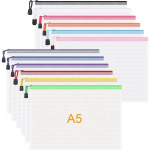 12 X A5 Zipped Document Pouches,Transparent Pvc Document Folder,Waterproof Plastic Zip Bag,Mesh Zipper Pouch For Travel,Supplies,Office,12 Colours - Neuf