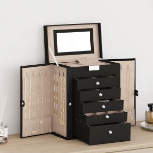 Boîte à bijoux 6 niveaux avec miroir verrouillable noir - Neuf