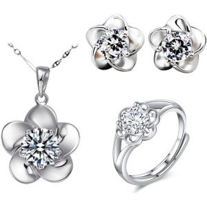 Kahfl-Ensemble Bijoux Fleur Cristal Argent Collier Boucles D'oreilles Bague Femme Élégant Brillant Parure Bijouterie - Neuf