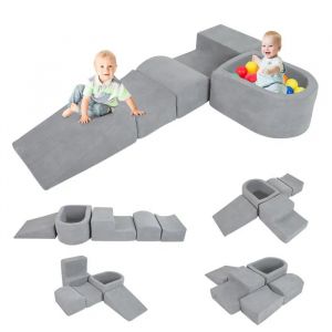 5PCS Blocs de Construction en Mousse COSTWAY avec Piscine &agrave; Balles, Housse en Velours C&ocirc;tel&eacute; Lavable pour Enfants 3 Ans+ Gris - Neuf