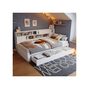 Lit de repos, lit enfant, 90 x 200 cm, avec compartiment de rangement sous le cadre du lit, matelas non inclus, blanc - Neuf