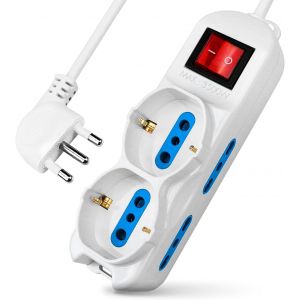 Multiprise 6 emplacements,4 Prises Double Usage 2P+T Bypass 10/16A + 2 Prises Schuko multiusage 10A,câble 1,5 m,fiche 16A 2P+T,Coloris Blanc(6 Places) - Neuf
