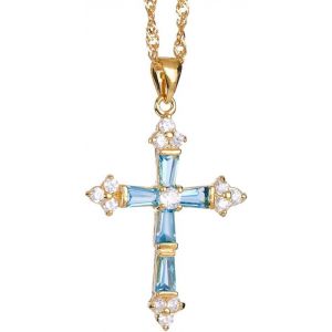 Kal-Croix Pendentif Avec 18"" Chaîne & Trapezoid Cut Cz [5 Couleurs Disponibles] En Plaqué Or Jaune,Simple Moderne Élégant - Neuf