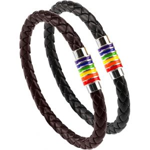 Kal-Gay Pride Bracelet Arc-En-Ciel (Noir + Marron), Bracelet De Couple En Cuir Pour Homme Et Femme Avec Fermoir Magnétique En Acier Inoxydable À Rayures Arc-En-Ciel, Acier Inoxydable Simili Cuir - Neuf