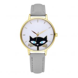 Gaiety Pu Strap Montre Mignon Chat Motif Rond Bo&icirc;tier Analogique Quartz Montre-Bracelet Gris - Neuf
