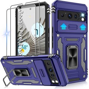 LORANKA-Lot de 2 coques pour Google Pixel 8 Pro avec protecteur d'&eacute;cran et protection d'appareil photo coulissante, de qualit&eacute; militaire, r&eacute;sistantes aux chocs, avec anneau de support, bleu - Neuf