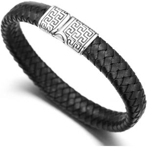 Eryi-¿ Solo ¿ Homme Bracelet Cuir Véritable Noir/Marron En Style Vintage Avec Clé Grecque Titané Acier Inoxidable Fermoir Magnétique 8.46"(21.5cm) Avec Le Boîte-Cadeau - Neuf