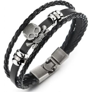 Eryi-Homme Pirate Crâne Noir Tressé Cuir Bracelet - Entrelacé - Trois Brins En Couches Cuir Envelopper Bracelet - Neuf