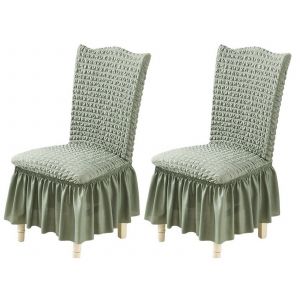 Housse de chaise de salle &agrave; manger en tissu doux avec jupe en dentelle - Verte, amovible - Neuf