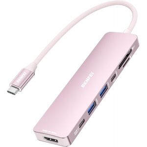 JGD-Hub USB C 7-en-1 avec HDMI(4K@60Hz), 2 USB-A, 1 USB-C Data, 100W de Charge, Lecteur de Carte SD/TF, c&acirc;ble en Silicone sans enchev&ecirc;trement Compatible avec MacBook Pro/Air, iPad Pro, iMacPink - Neuf
