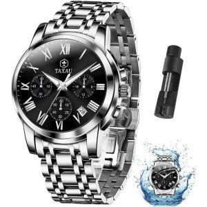 Montre Multifonction Pour Homme - En Acier Inoxydable - Chronographe - Cadran Romain - Montre De Luxe - Étanche - Lumineuse - Avec Date - Cadeau Pour Homme - Neuf