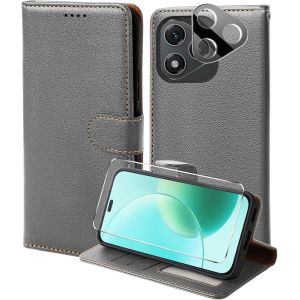 Kal-Coque Pour Honor 400 Lite 5g Avec Verre Trempé Et Caméra Protecteur, Etui Protection Housse Premium En Cuir Pu,[Rfid Blocage] [Emplacements Cartes] Magnétique Flip Wallet Case - Gris - Neuf