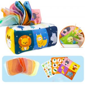 Boîte à mouchoirs en peluche Montessori, jouets sensoriels interactifs avec papier froissé et mouchoirs en soie colorés, boîtes à mouchoirs, jouets éducatifs précoces pour bébé, motif animalier - Neuf
