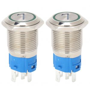 Lot de 2 interrupteurs a bouton-poussoir en acier inoxydable a 5 broches, 16 mm, a reinitialisation automatique, avec voyant et numero, 73-6 V CC, vert - Neuf