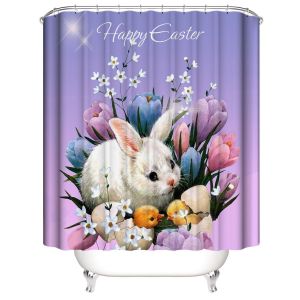 Rideau de Douche de Pâques 180*200 cm, Rideau de douche de Lapins Rideau de Douche en Polyester imperméable avec 12 Crochets pour la décoration de Noël, Rideau de salle de bains - Neuf