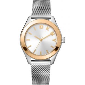 Montre Femme Dkny Astoria Logo - Bo&icirc;tier Acier Bicolore Et Bracelet En Maille Milanaise Argent&eacute;e - Neuf