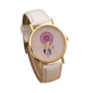 Montre-Bracelet A Quartz Decontractee En Cuir Pu Pour Femme, Motif Attrape-Reves (Blanc) - Neuf