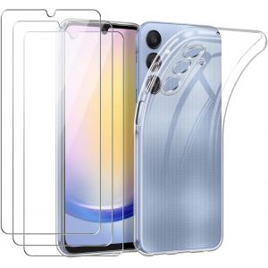Pack 3 Pièces Pour Samsung Galaxy A25 5g - Coque Tpu Souple Transparente + 3 Verres Trempés Protection Écran Hd Anti-Chocs - Neuf