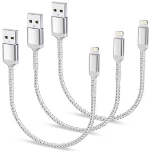 TRAHOO-0.3M C&acirc;ble iPhone Court 3Pack, Nylon Cable Lightning Tress&eacute; R&eacute;sistant Charge Rapide Cable Chargeur iPhone pour Apple iPhone 14 13 12 11 Pro Max Xs X 8 7 6 Plus SE iPad Air/Mini - Neuf