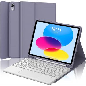 Clavier avec Trackpad pour iPad A16 11eme/10eme Generation 2025/2022, AZERTY Clavier avec Pavé Tactile pour iPad 11eme/10eme Generation, Détachable sans Fil Clavier avec Porte-Crayon, Violet - Neuf