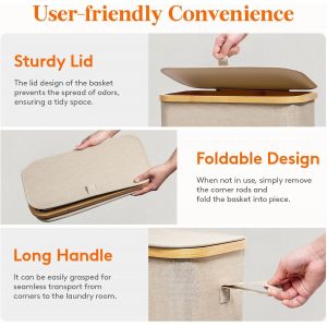 Panier &agrave; Linge Extra Plat 75LPaniere a Linge Sale avec CouvercleCorbeille a Linge Bambou avec Sac Amovible et Poign&eacute;eBac Linge Etroit pour ChambreSalle de BainBuanderieBeige - Neuf