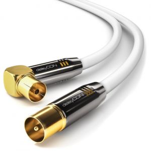 10m C&acirc;ble D'Antenne de T&eacute;l&eacute;vision HDTV Full HD 1x Coud&eacute; C&acirc;ble Coaxial TV Prise (Droite) &agrave; TV Fiche (90&deg; Degr&eacute;s) Bouchon M&eacute;tallique-Blanc - Neuf