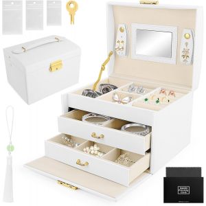 Jexnovashop-Bo&icirc;te &Agrave; Bijoux 3 Niveaux, Bo&icirc;te &Agrave; Bijoux De Voyage Boite A Bijoux Femme Avec Miroir, Bo&icirc;tes &Agrave; Bijoux Portable Pour Bagues, Boucles, Colliers - Neuf