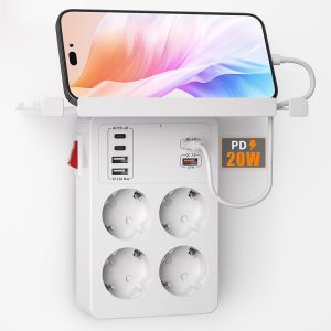 PD20W Multiprise avec Interrupteur,Prise Multiple Murale avec Charge Rapide PD3.0 20W et QC3.0 18W,Multiprise 4 Prises 6 USB Chargeur,Adaptateur Multiprise Electrique avec Support de T&eacute;l&eacute;phone,Blanc - Neuf